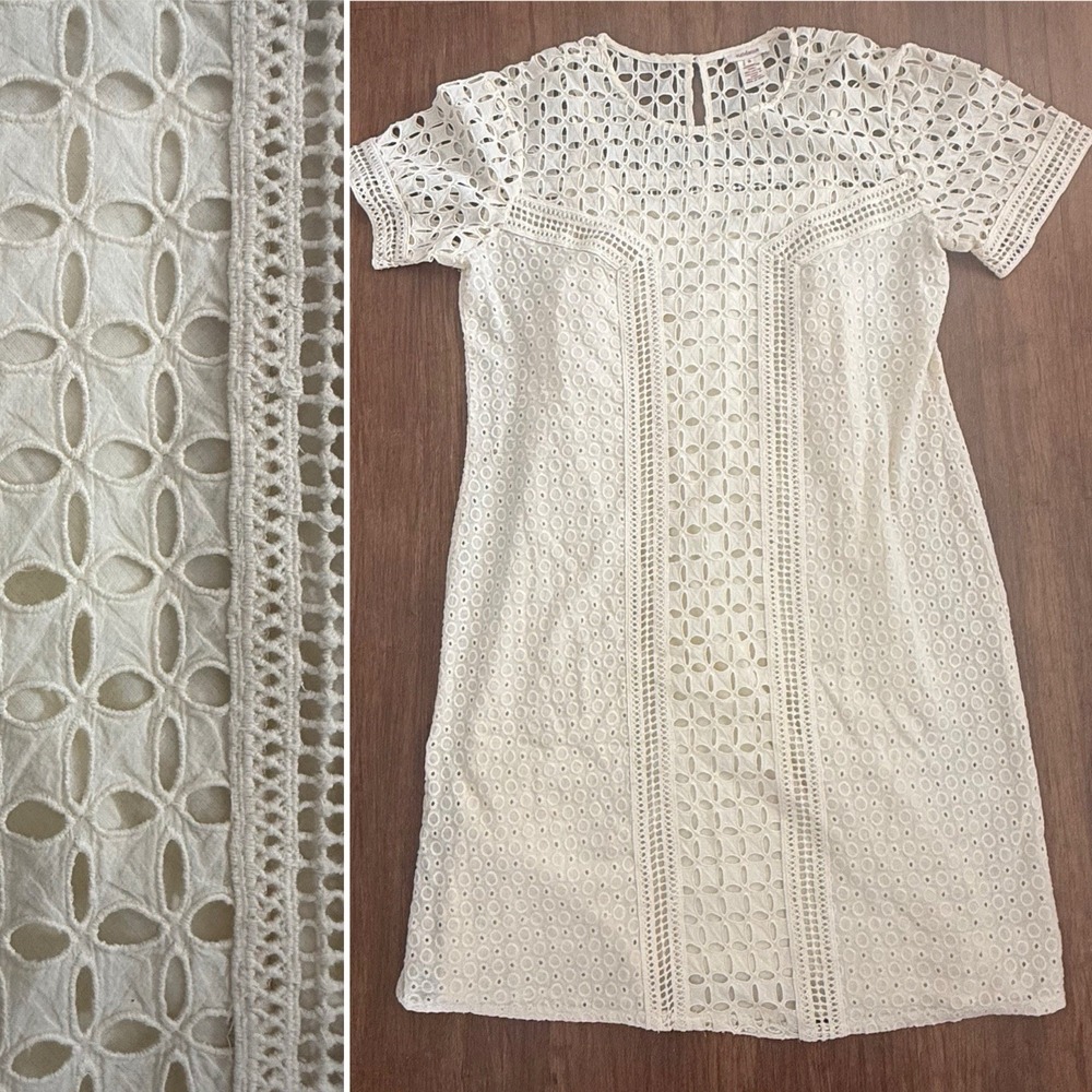 Sundance Eyelet Dress Womens 8 Lace Cream Ivory Short Sleeve Boho Shift Boho